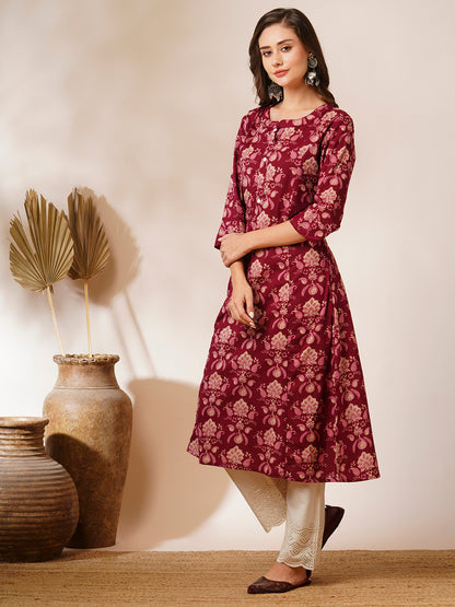 Ethnic Floral Printed A-Line Paneled Kurta - Burgundy