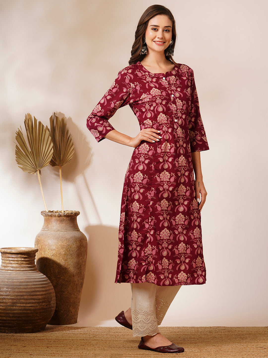 Ethnic Floral Printed A-Line Paneled Kurta - Burgundy