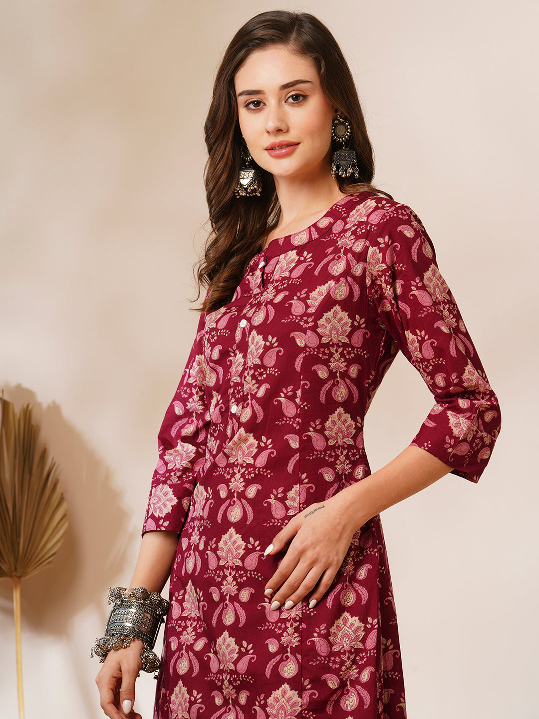 Ethnic Floral Printed A-Line Paneled Kurta - Burgundy