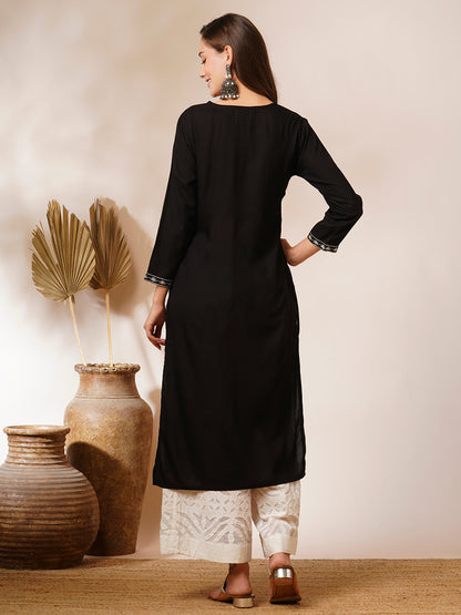 Solid Floral Embroidered Straight Fit Kurta - Black