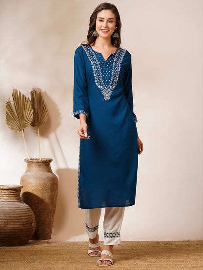 Solid Floral Embroidered Straight Fit Kurta - Teal Blue