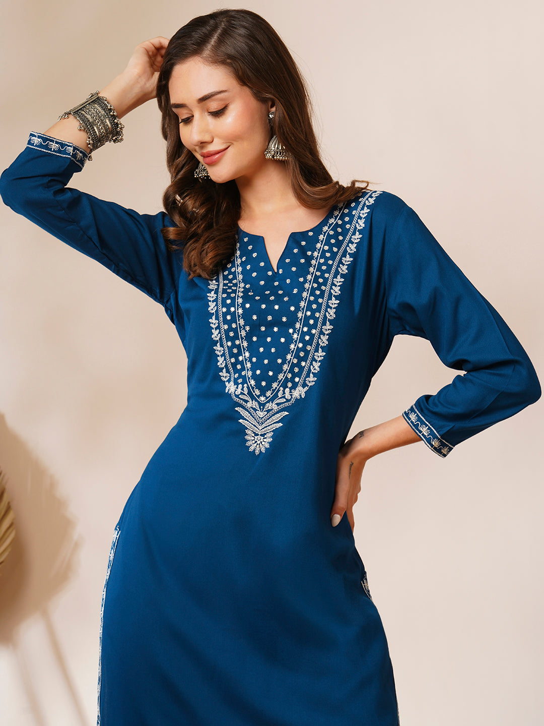 Solid Floral Embroidered Straight Fit Kurta - Teal Blue