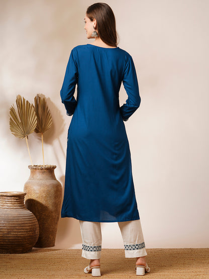 Solid Floral Embroidered Straight Fit Kurta - Teal Blue