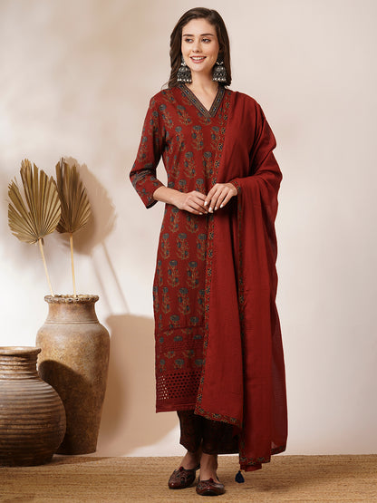 Ethnic Floral Printed Schiffli Embroidered Straight Fit Kurta with Pant and Dupatta - Brown