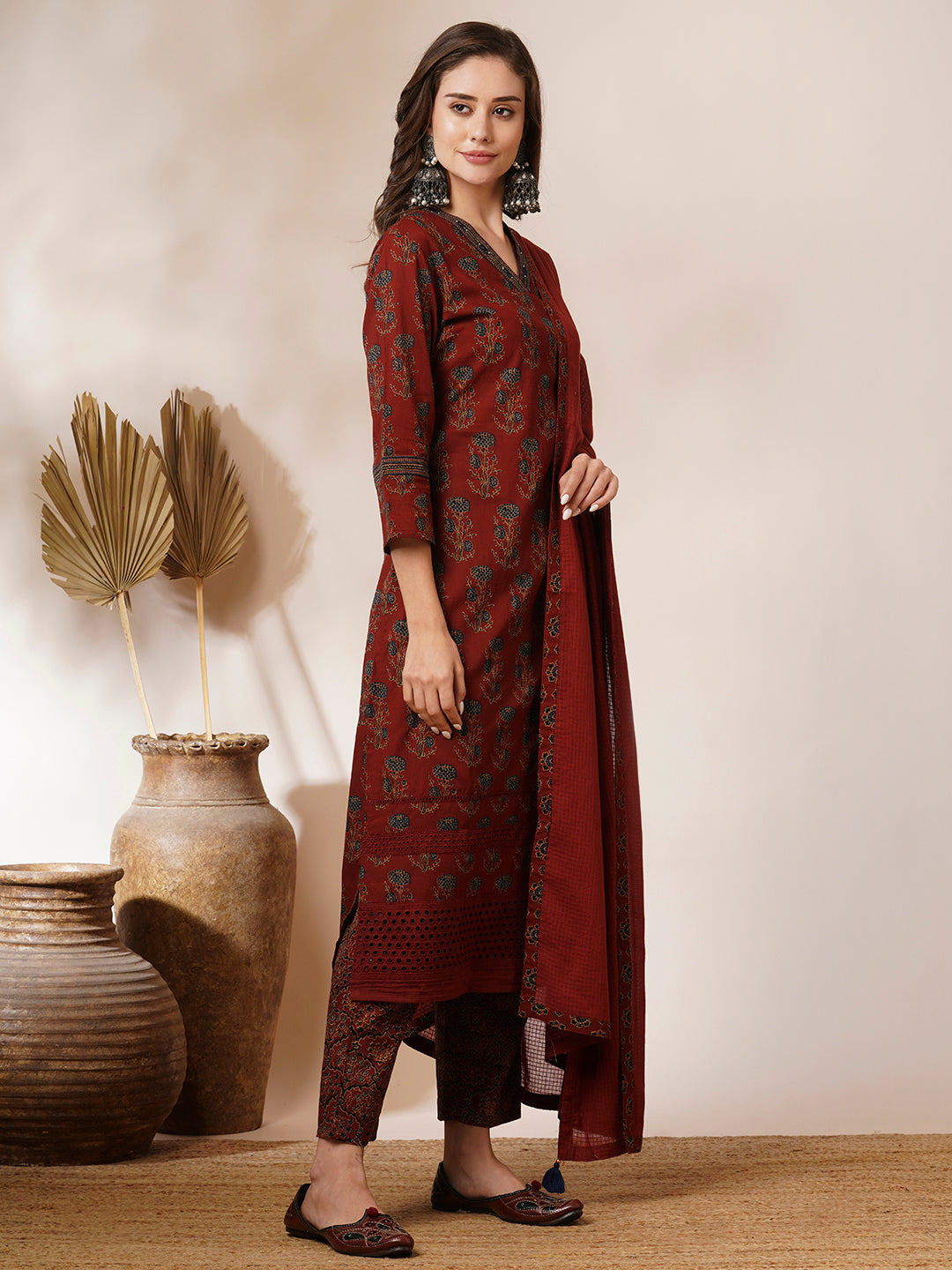 Ethnic Floral Printed Schiffli Embroidered Straight Fit Kurta with Pant and Dupatta - Brown