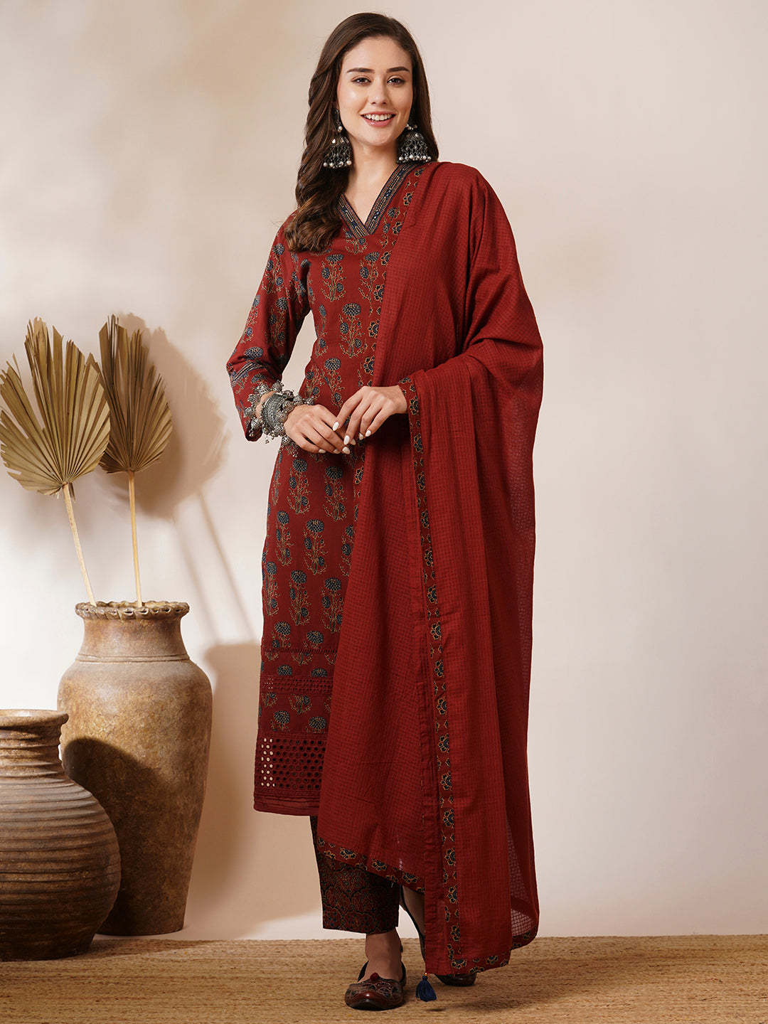 Ethnic Floral Printed Schiffli Embroidered Straight Fit Kurta with Pant and Dupatta - Brown