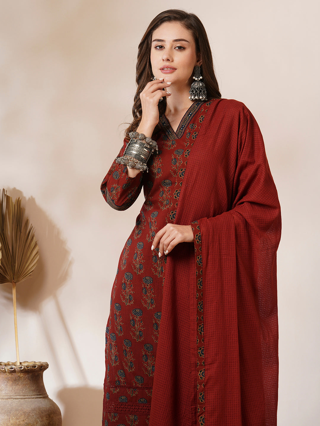 Ethnic Floral Printed Schiffli Embroidered Straight Fit Kurta with Pant and Dupatta - Brown