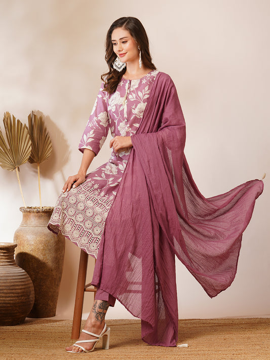 Floral Printed & Schiffli Embroidered Straight Fit Kurta with Pant and Dupatta - Mauve