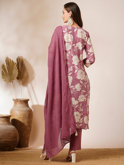 Floral Printed & Schiffli Embroidered Straight Fit Kurta with Pant and Dupatta - Mauve