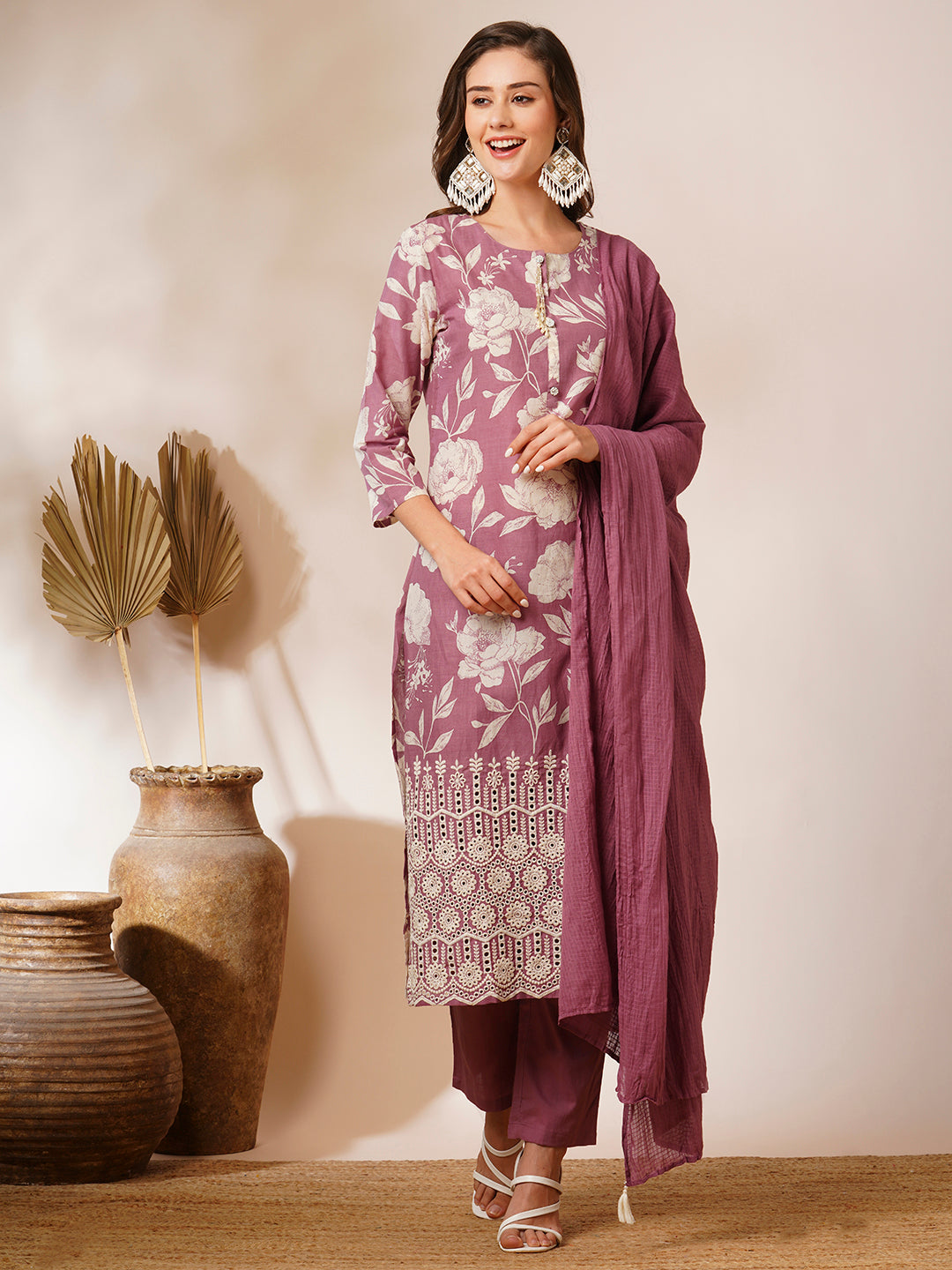 Floral Printed & Schiffli Embroidered Straight Fit Kurta with Pant and Dupatta - Mauve