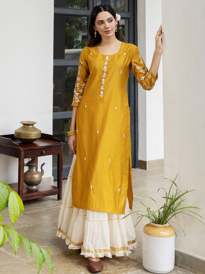 Solid Floral Hand Embroidered Straight Fit Kurta - Mustard