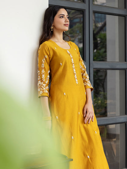 Solid Floral Hand Embroidered Straight Fit Kurta - Mustard