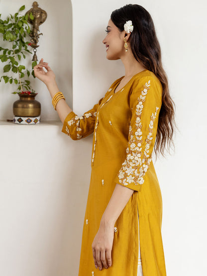 Solid Floral Hand Embroidered Straight Fit Kurta - Mustard