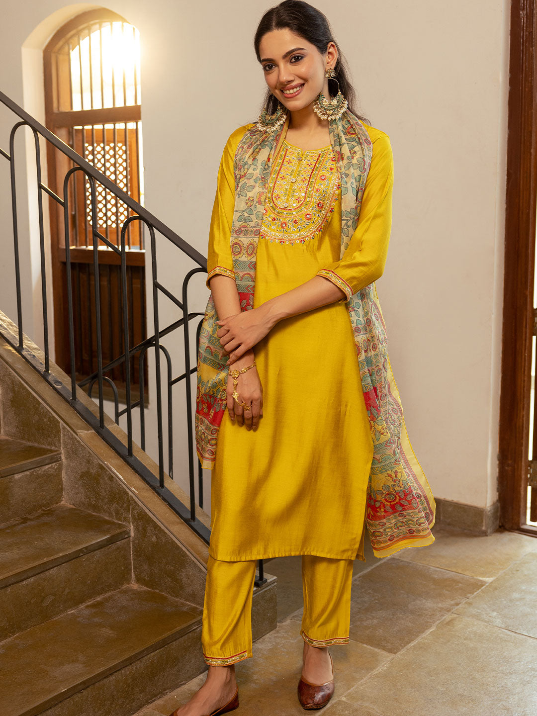 Solid Resham & Mirror Embroidered Kurta with Pants & Floral Dupatta - Yellow