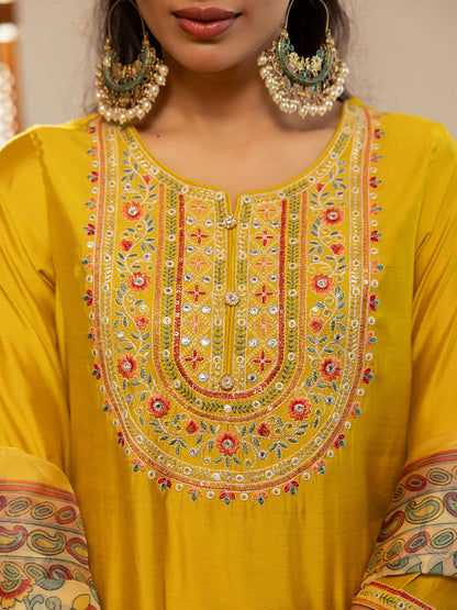 Solid Resham & Mirror Embroidered Kurta with Pants & Floral Dupatta - Yellow