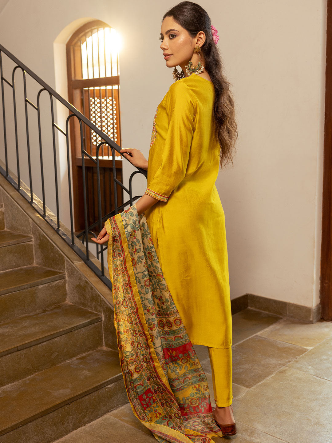 Solid Resham & Mirror Embroidered Kurta with Pants & Floral Dupatta - Yellow