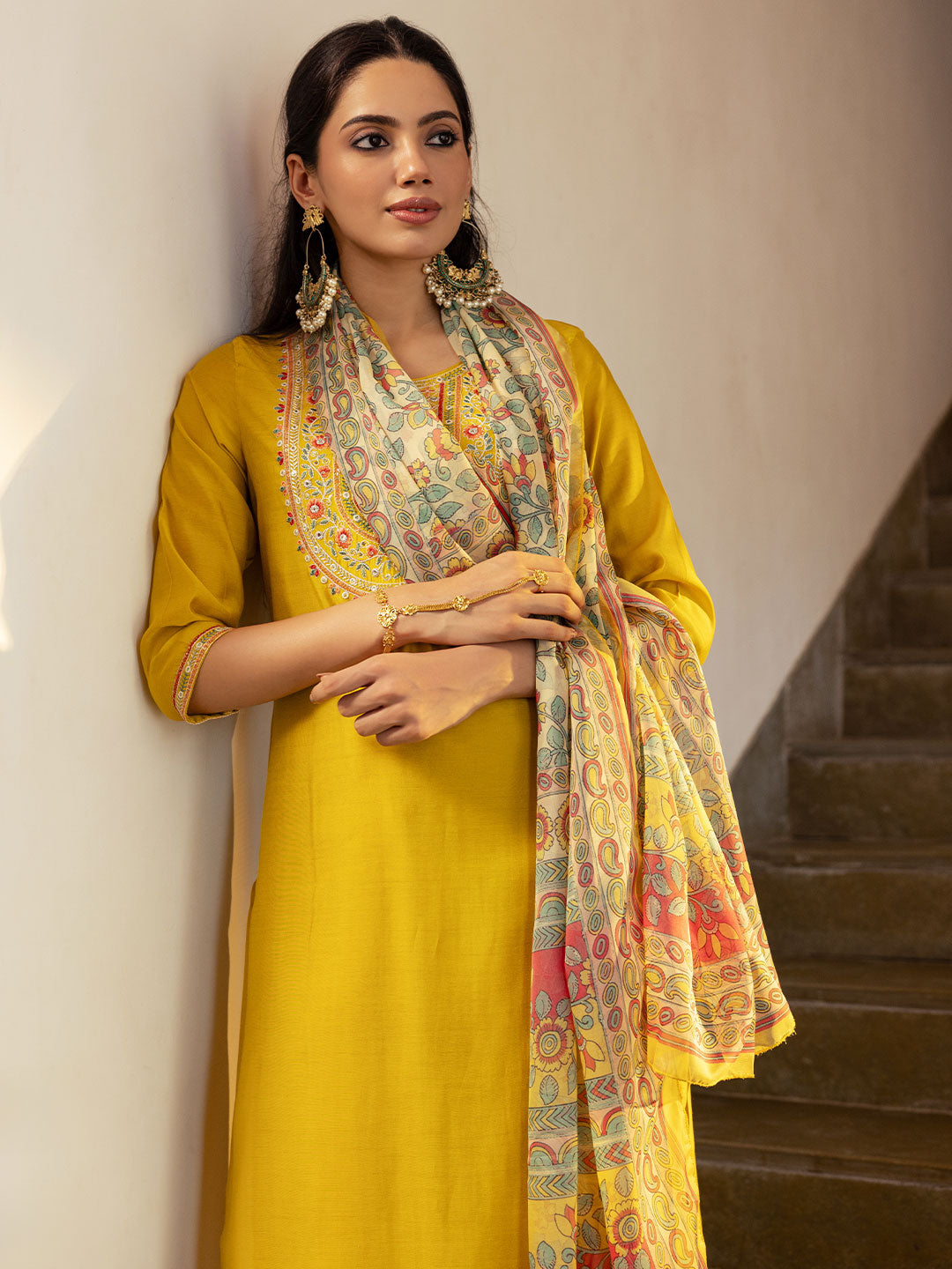 Solid Resham & Mirror Embroidered Kurta with Pants & Floral Dupatta - Yellow