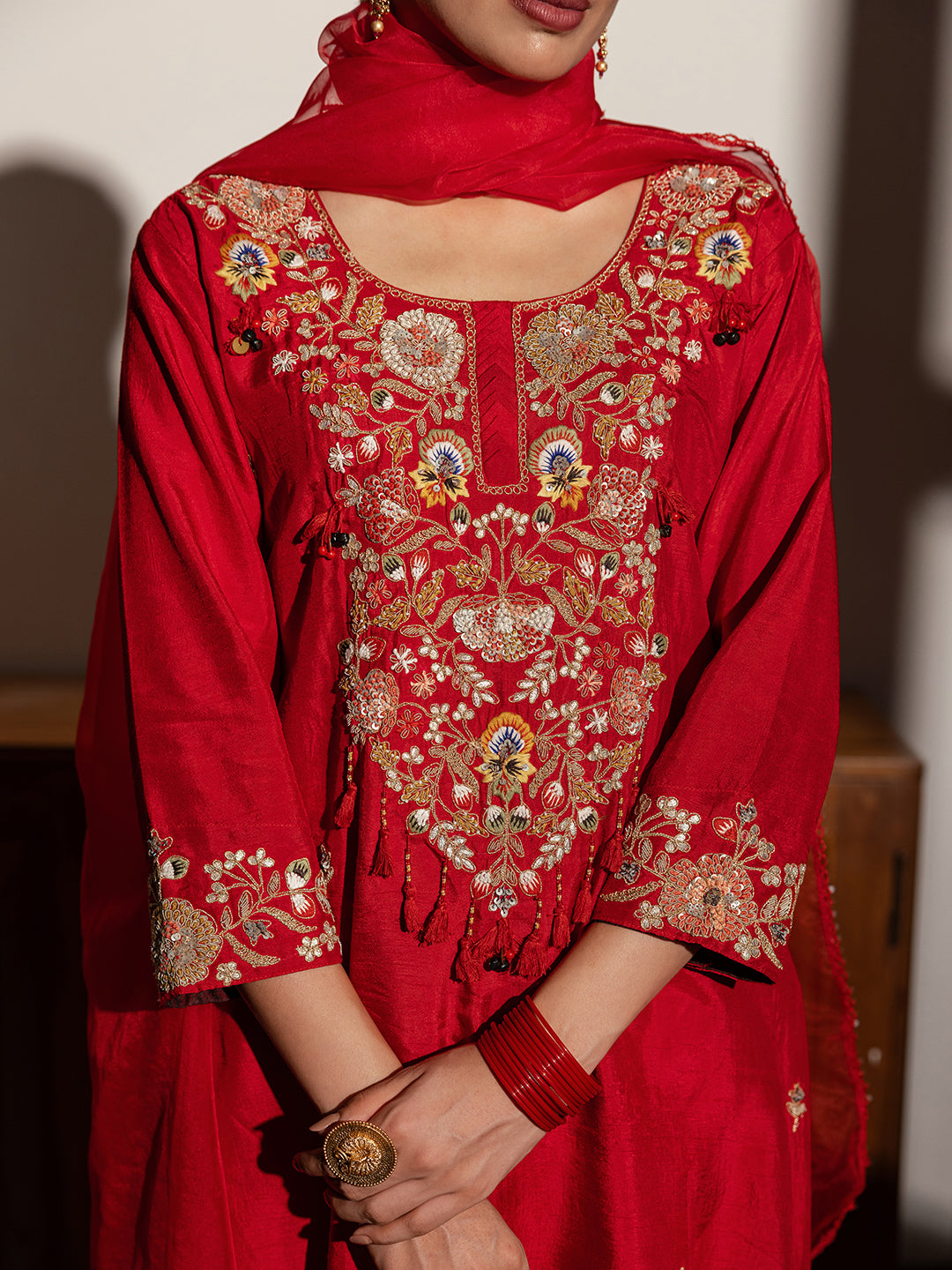 Floral Hand Embroidered Straight Fit Kurta with Pant and Dupatta - Red