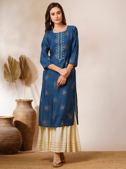 Ethnic Stripes Printed & Embroidered Straight Fit Kurta - Blue