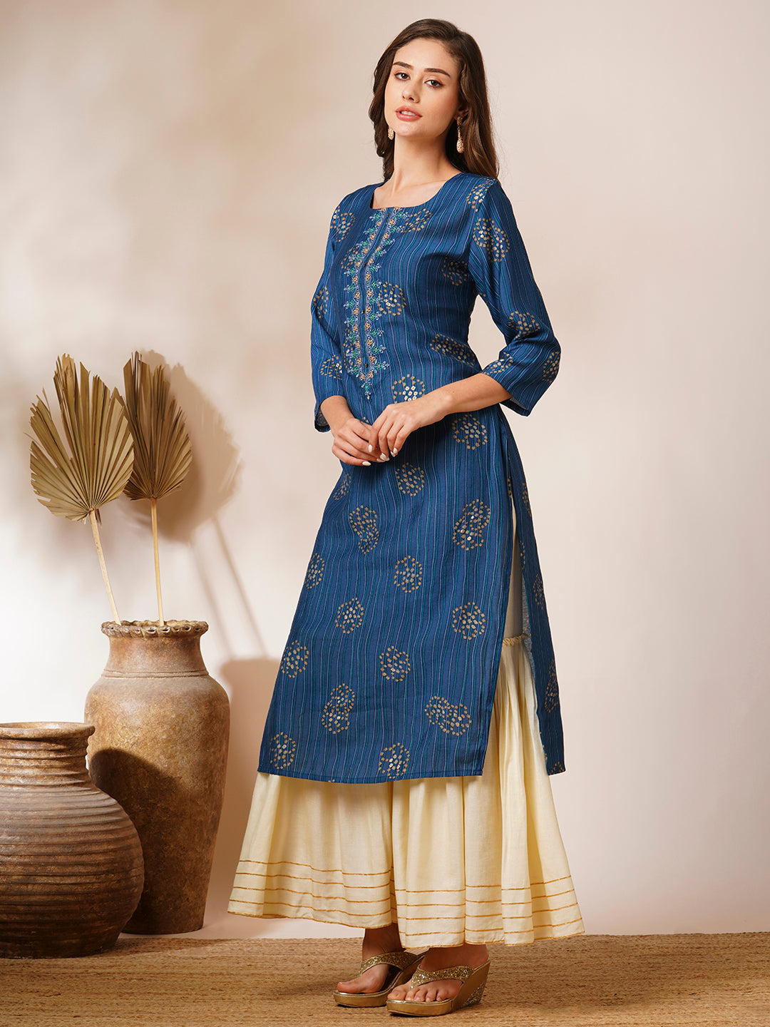 Ethnic Stripes Printed & Embroidered Straight Fit Kurta - Blue