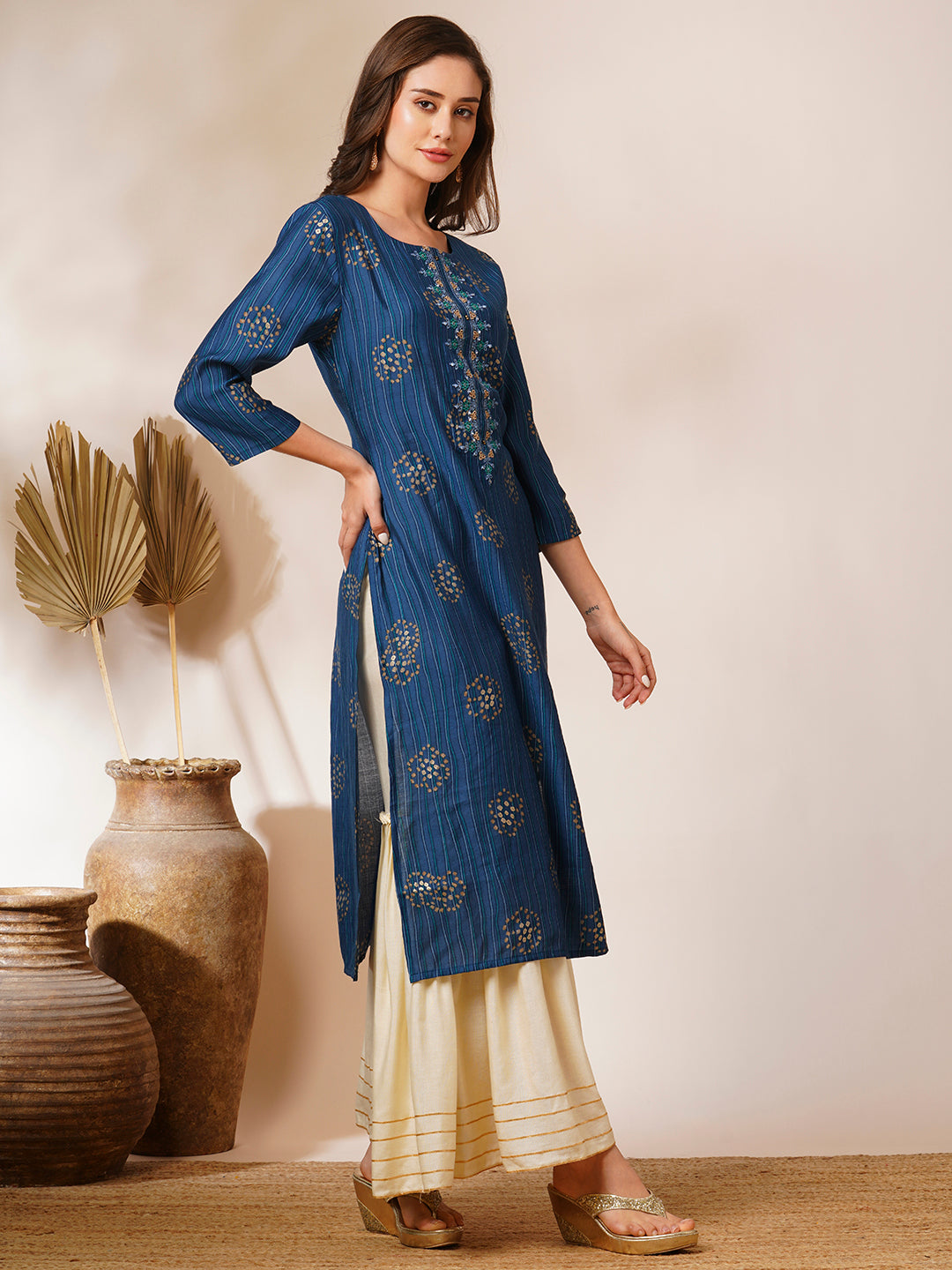 Ethnic Stripes Printed & Embroidered Straight Fit Kurta - Blue