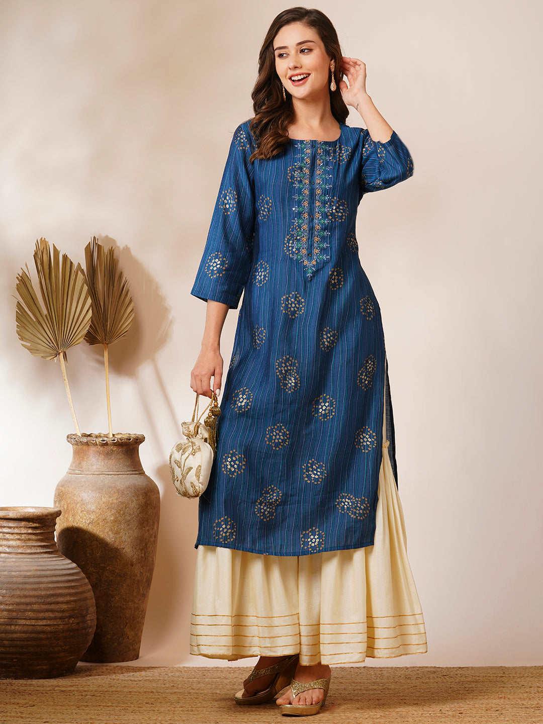 Ethnic Stripes Printed & Embroidered Straight Fit Kurta - Blue