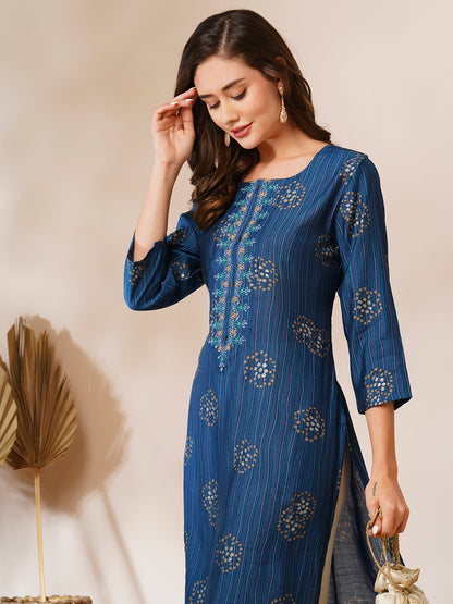 Ethnic Stripes Printed & Embroidered Straight Fit Kurta - Blue