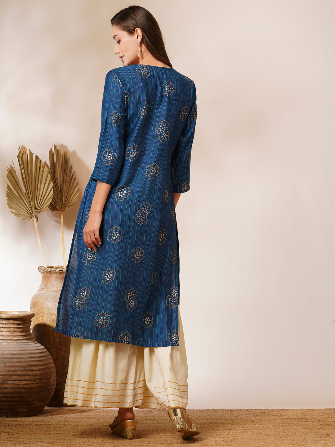 Ethnic Stripes Printed & Embroidered Straight Fit Kurta - Blue