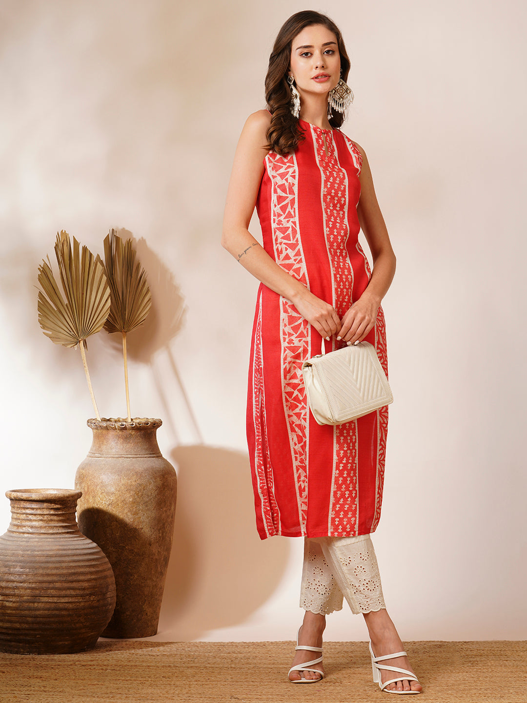 Ethnic Stripes Printed Straight Fit Kurta - Red