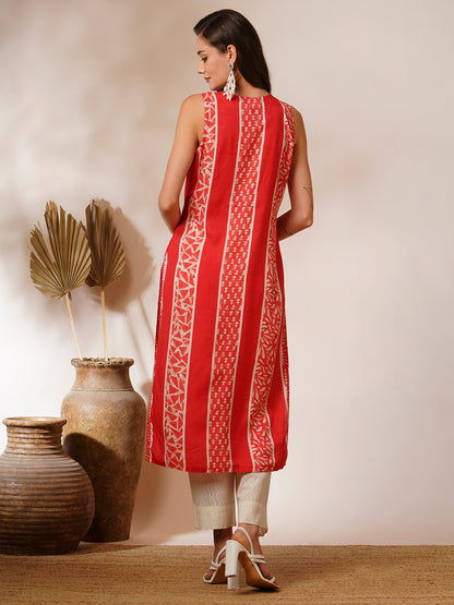 Ethnic Stripes Printed Straight Fit Kurta - Red