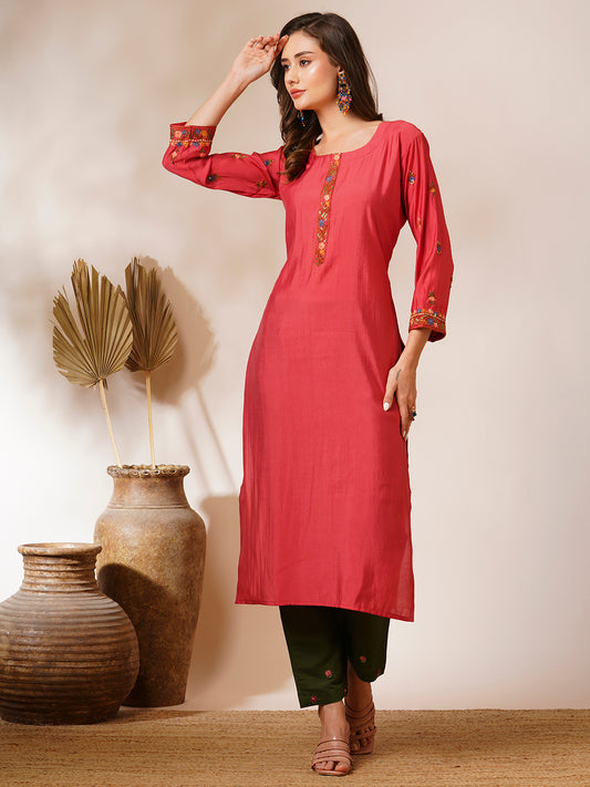 Solid Floral Hand Embroidered Straight Fit Kurta - Coral