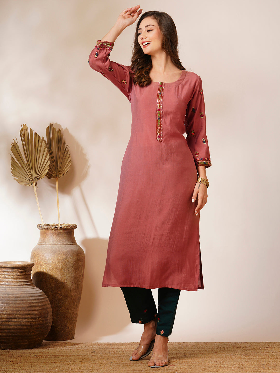 Solid Floral Hand Embroidered Straight Fit Kurta - Rose Gold