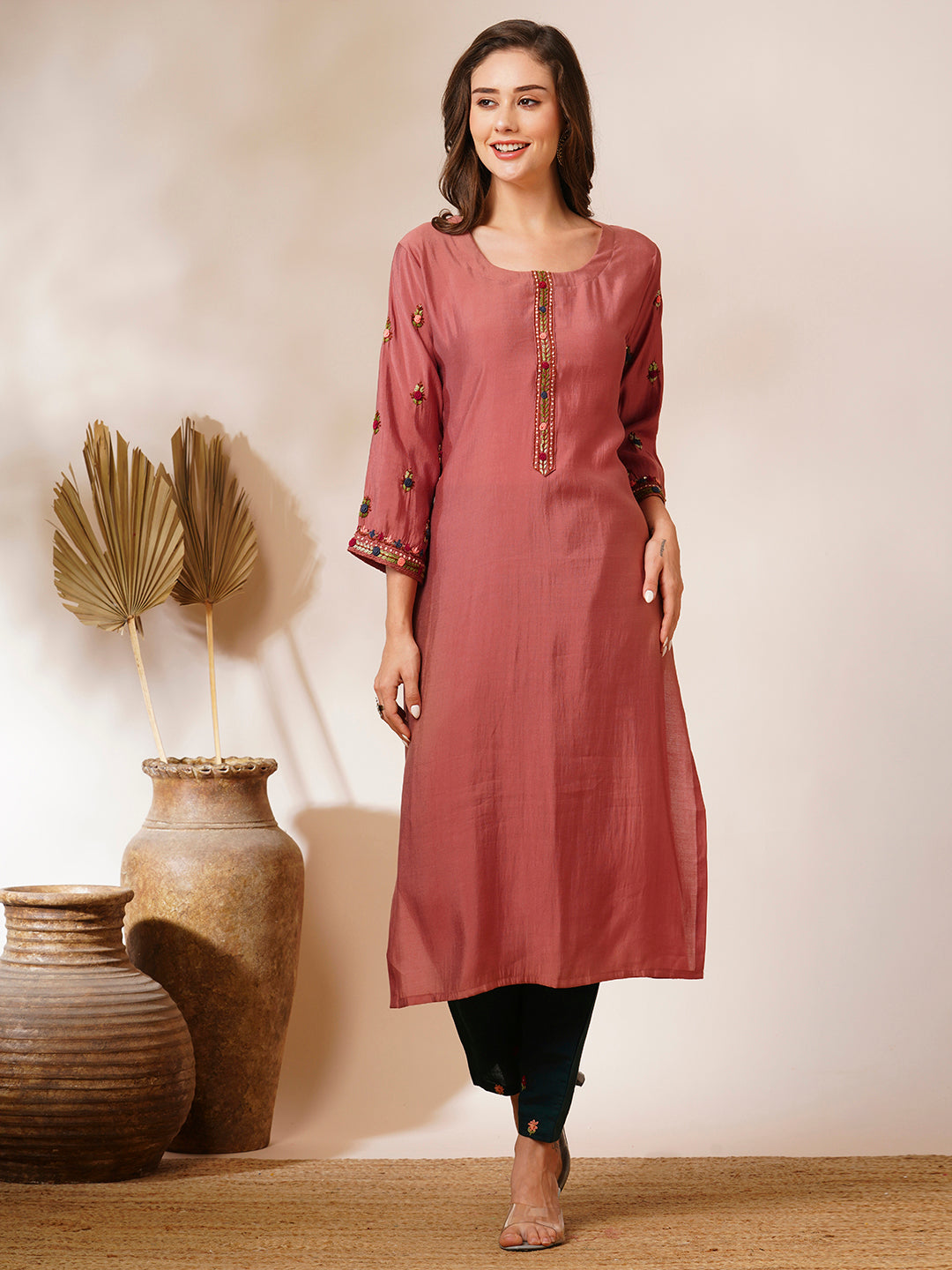 Solid Floral Hand Embroidered Straight Fit Kurta - Rose Gold