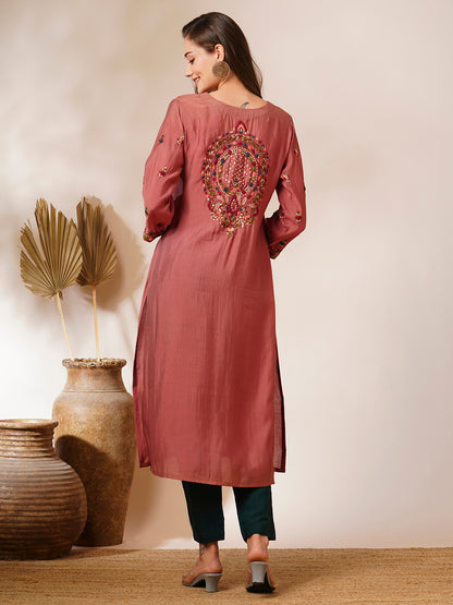 Solid Floral Hand Embroidered Straight Fit Kurta - Rose Gold