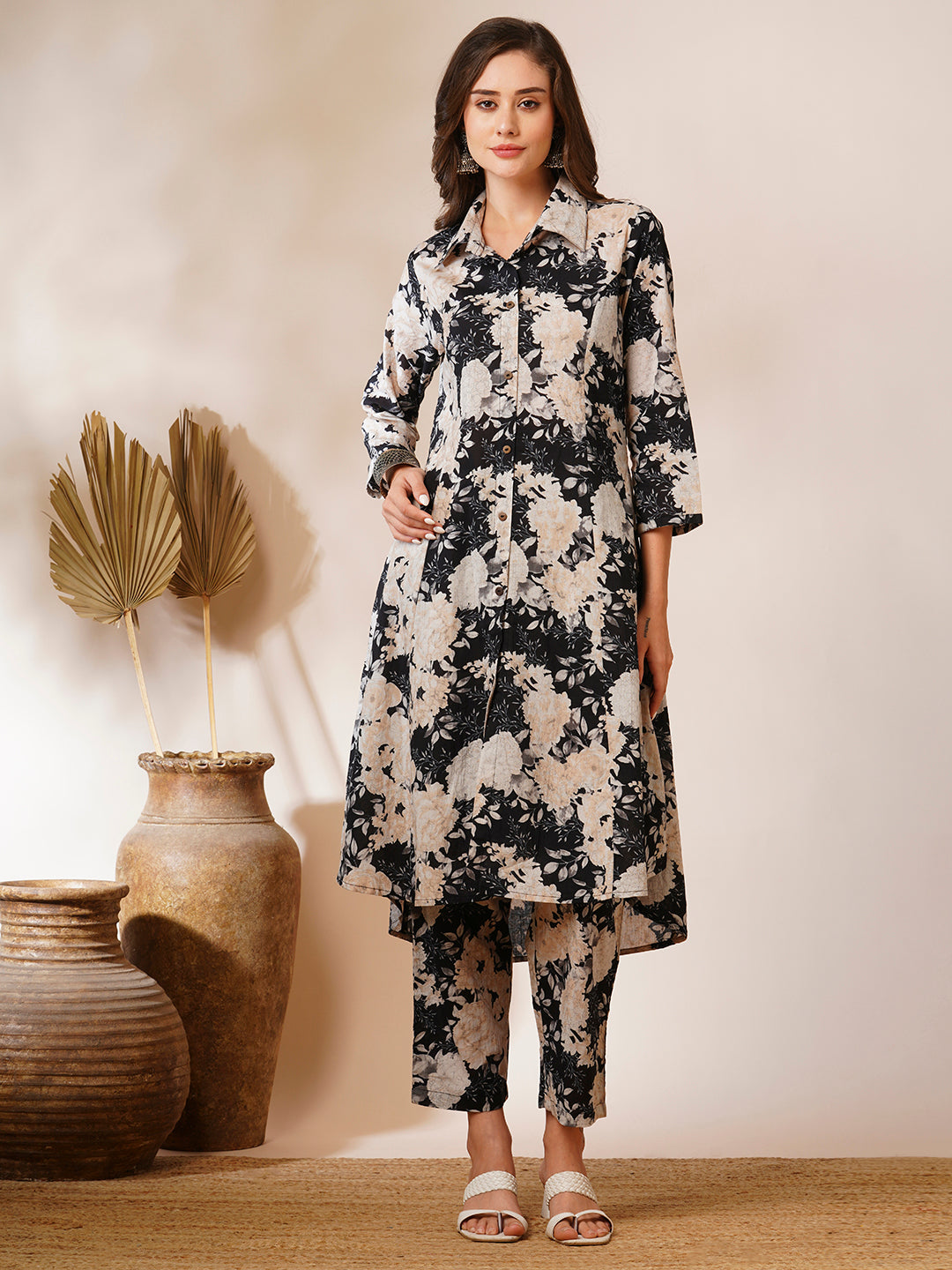 Floral Printed A-Line Paneled Co-ord Set - Black