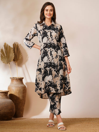 Floral Printed A-Line Paneled Co-ord Set - Black