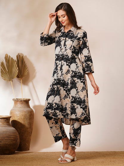 Floral Printed A-Line Paneled Co-ord Set - Black