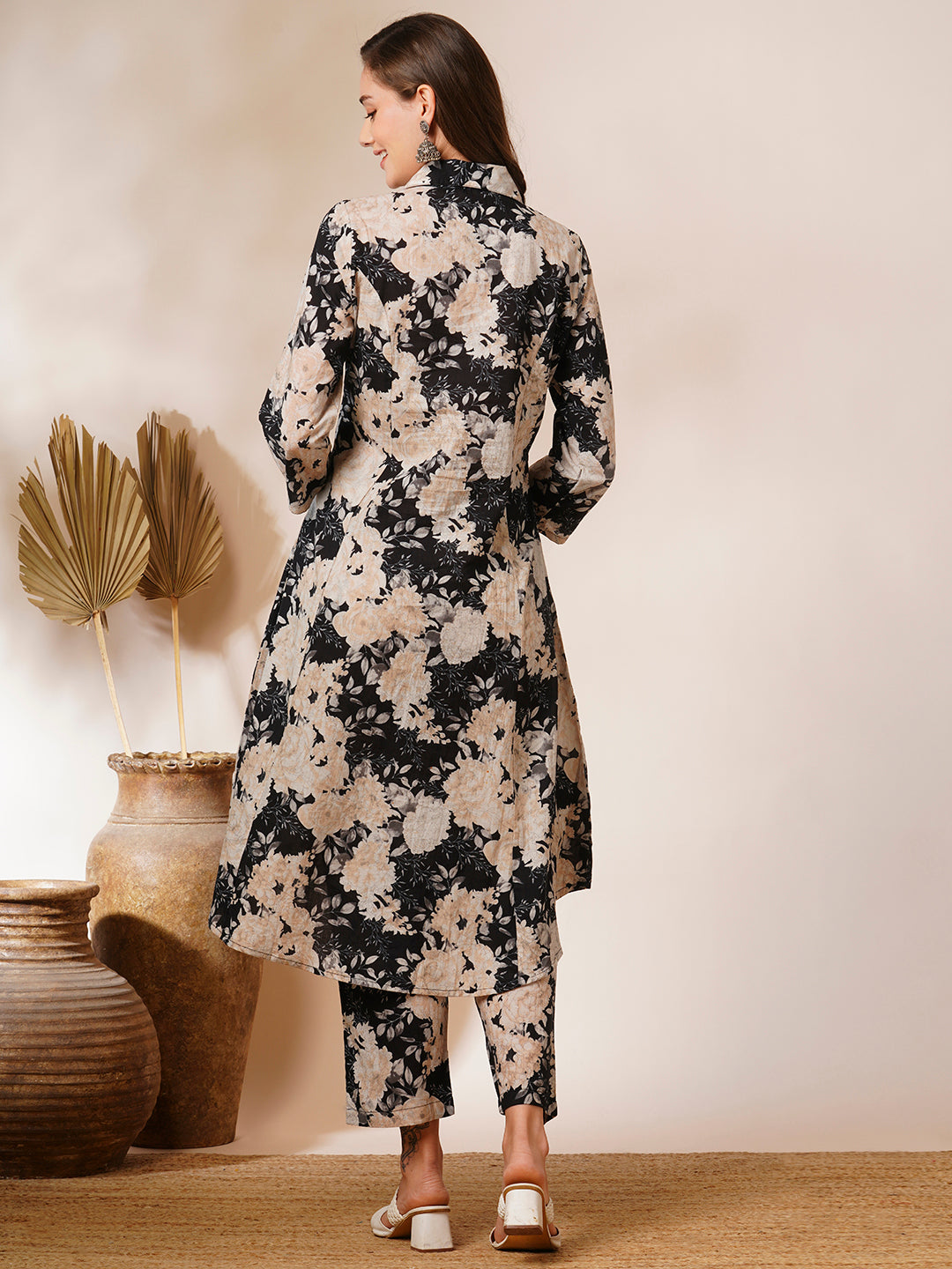 Floral Printed A-Line Paneled Co-ord Set - Black