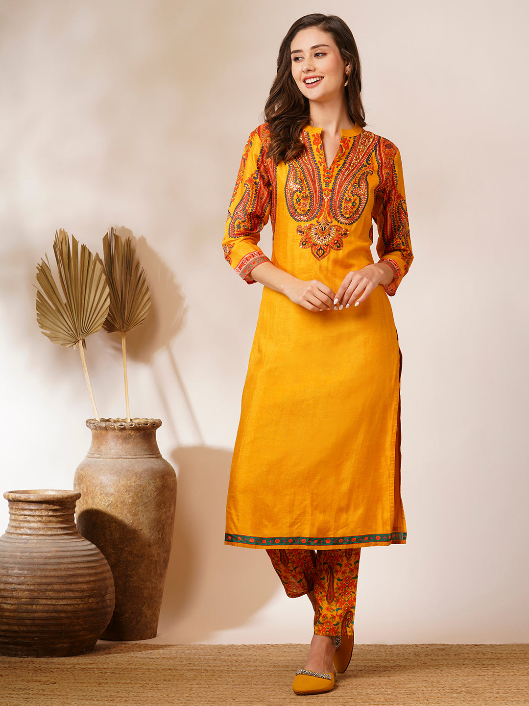 Ethnic Printed & Embroidered Straight Fit Kurta with Pant - Yellow