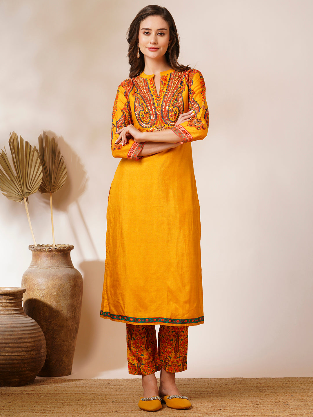 Ethnic Printed & Embroidered Straight Fit Kurta with Pant - Yellow