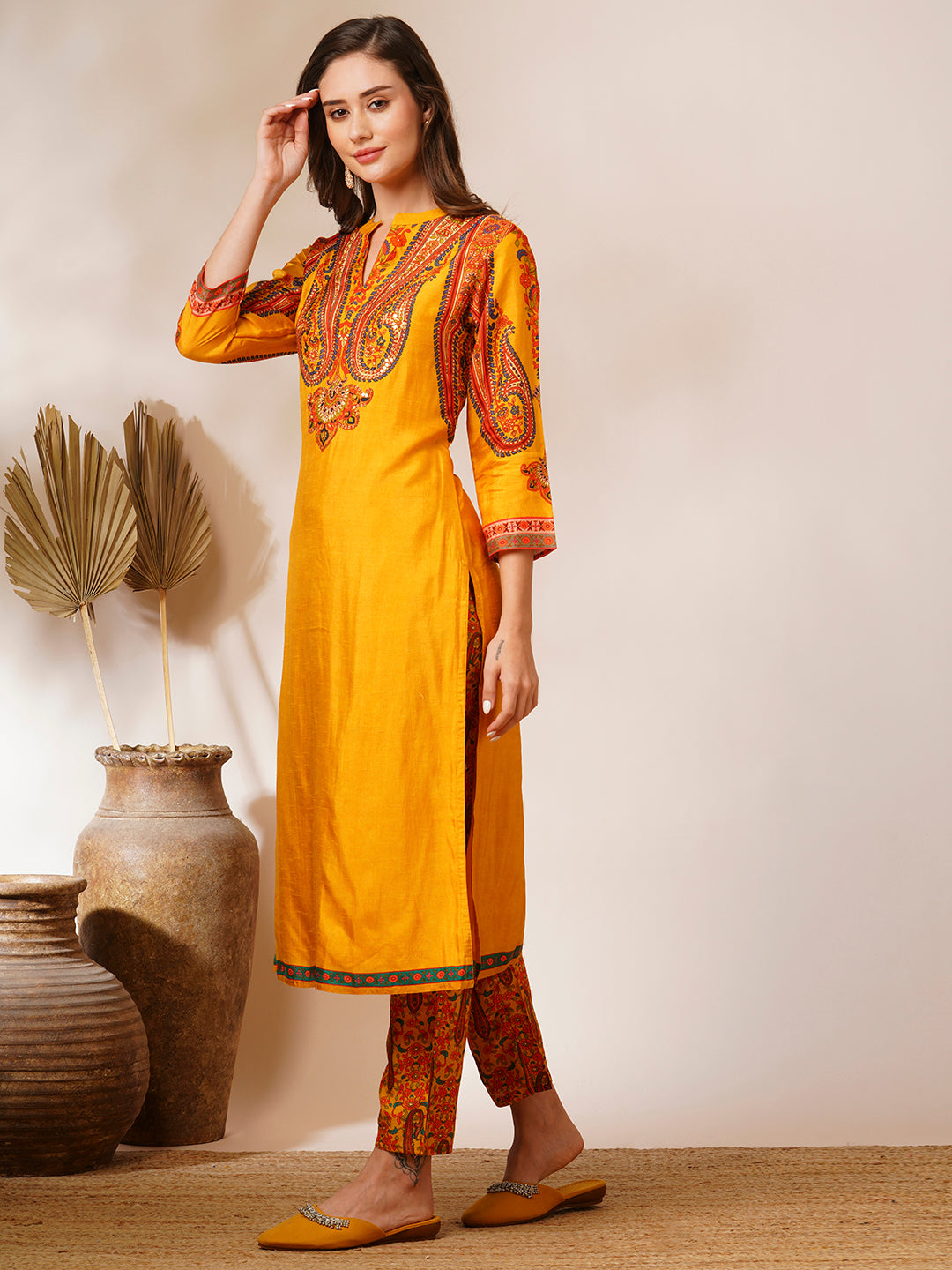 Ethnic Printed & Embroidered Straight Fit Kurta with Pant - Yellow