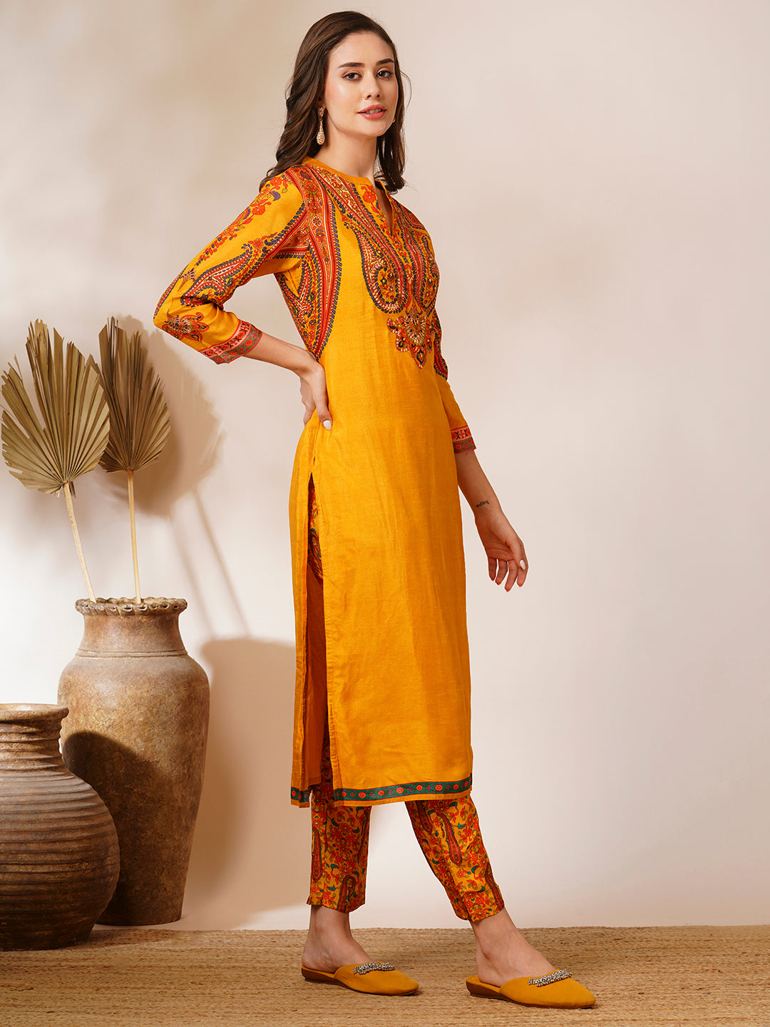 Ethnic Printed & Embroidered Straight Fit Kurta with Pant - Yellow