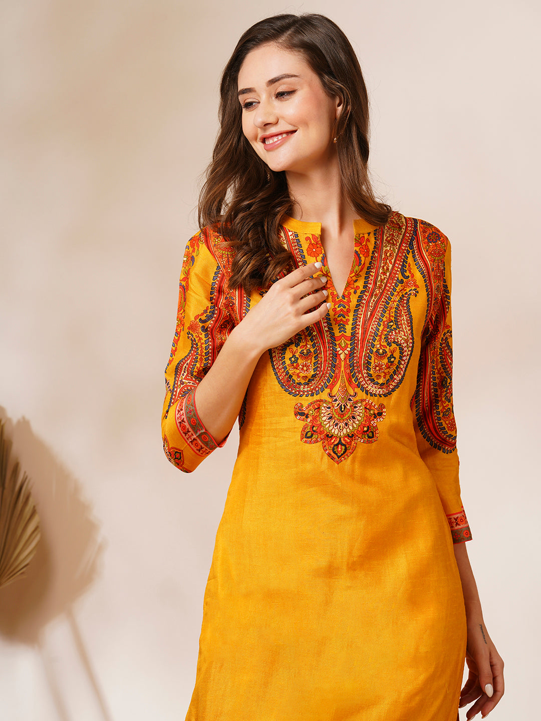 Ethnic Printed & Embroidered Straight Fit Kurta with Pant - Yellow