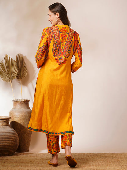 Ethnic Printed & Embroidered Straight Fit Kurta with Pant - Yellow