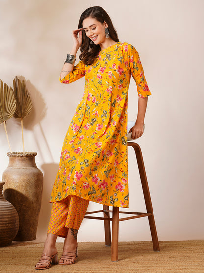 Floral Printed A-Line Paneled Kurta with Palazzo - Yellow