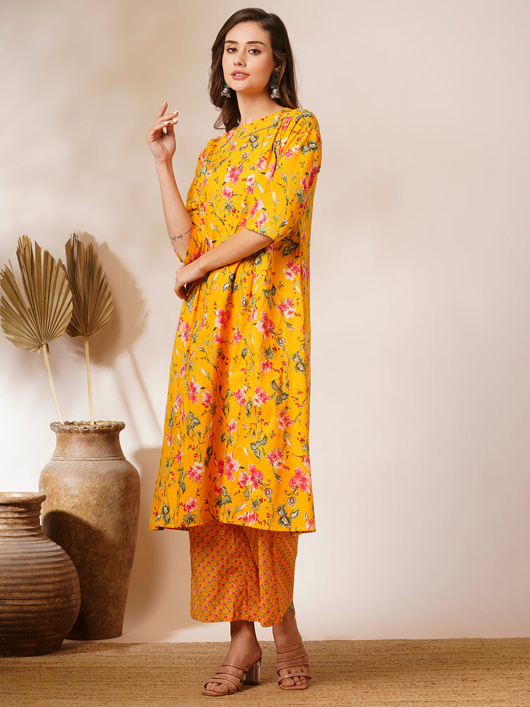 Floral Printed A-Line Paneled Kurta with Palazzo - Yellow