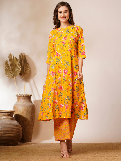 Floral Printed A-Line Paneled Kurta with Palazzo - Yellow