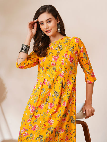 Floral Printed A-Line Paneled Kurta with Palazzo - Yellow