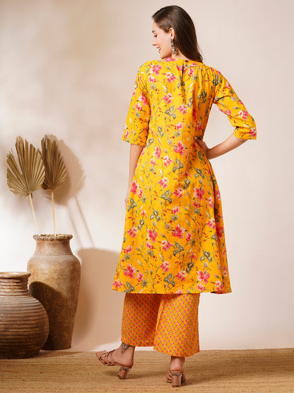 Floral Printed A-Line Paneled Kurta with Palazzo - Yellow