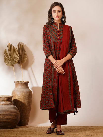 Ethnic Floral Printed A-Line Peated Kurta with Pant & Dupatta - Brown